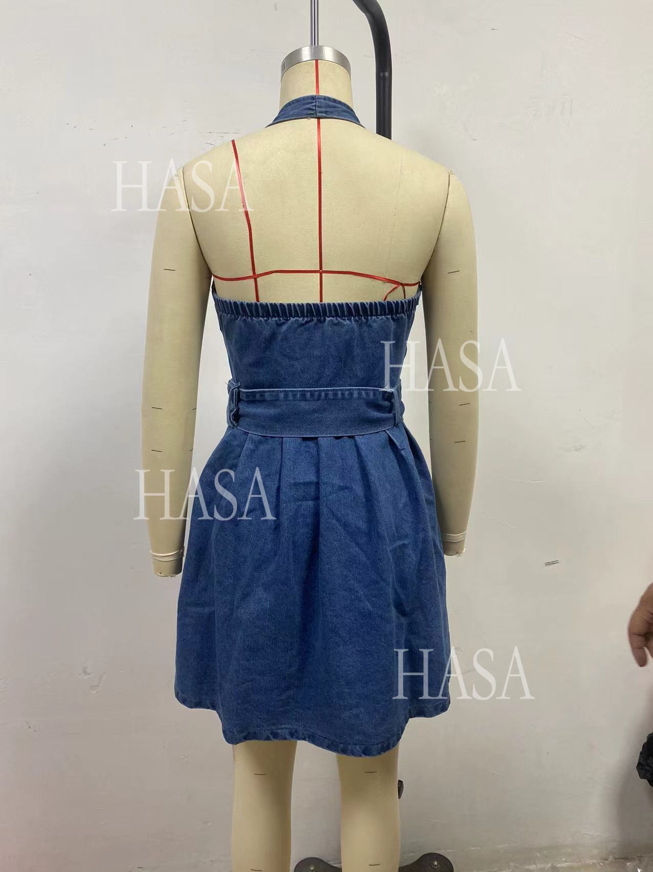 HASA HS6792 Chic Flared Denim Mini Dress with Wide Waist Belt