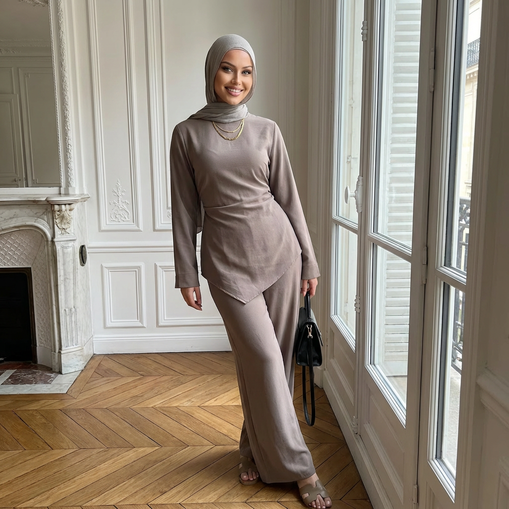 HS6614 Modest Nida Two-Piece Set with Waist Tie & Pocket Trousers