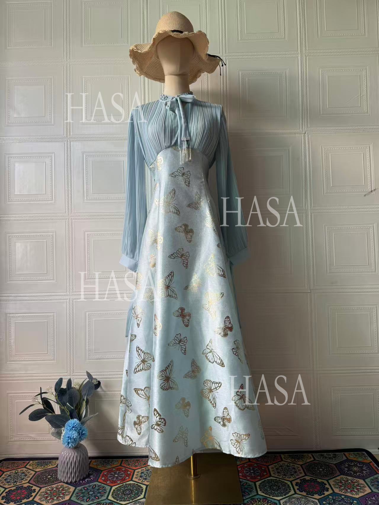 HS6734 Flowy Feminine Maxi Dress with Embroidered Butterfly Design