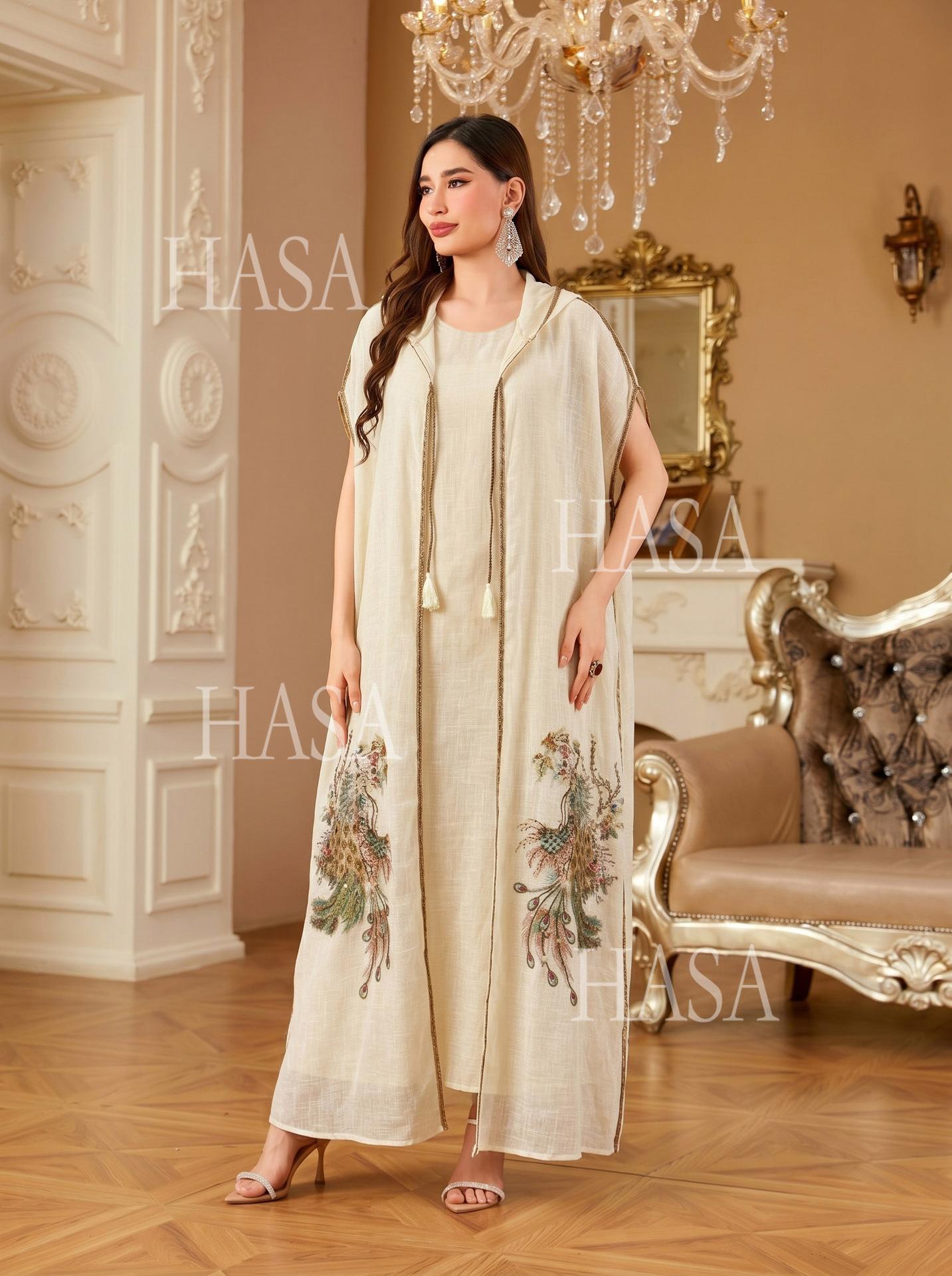 HASA HS6763 Elegant Tassel Hooded Maxi Ensemble