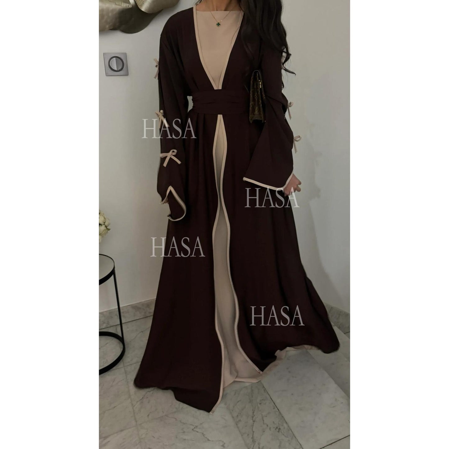 HS5862 Elegant Wavy-edge Bow Robe (with Belt) for A Feminine Look