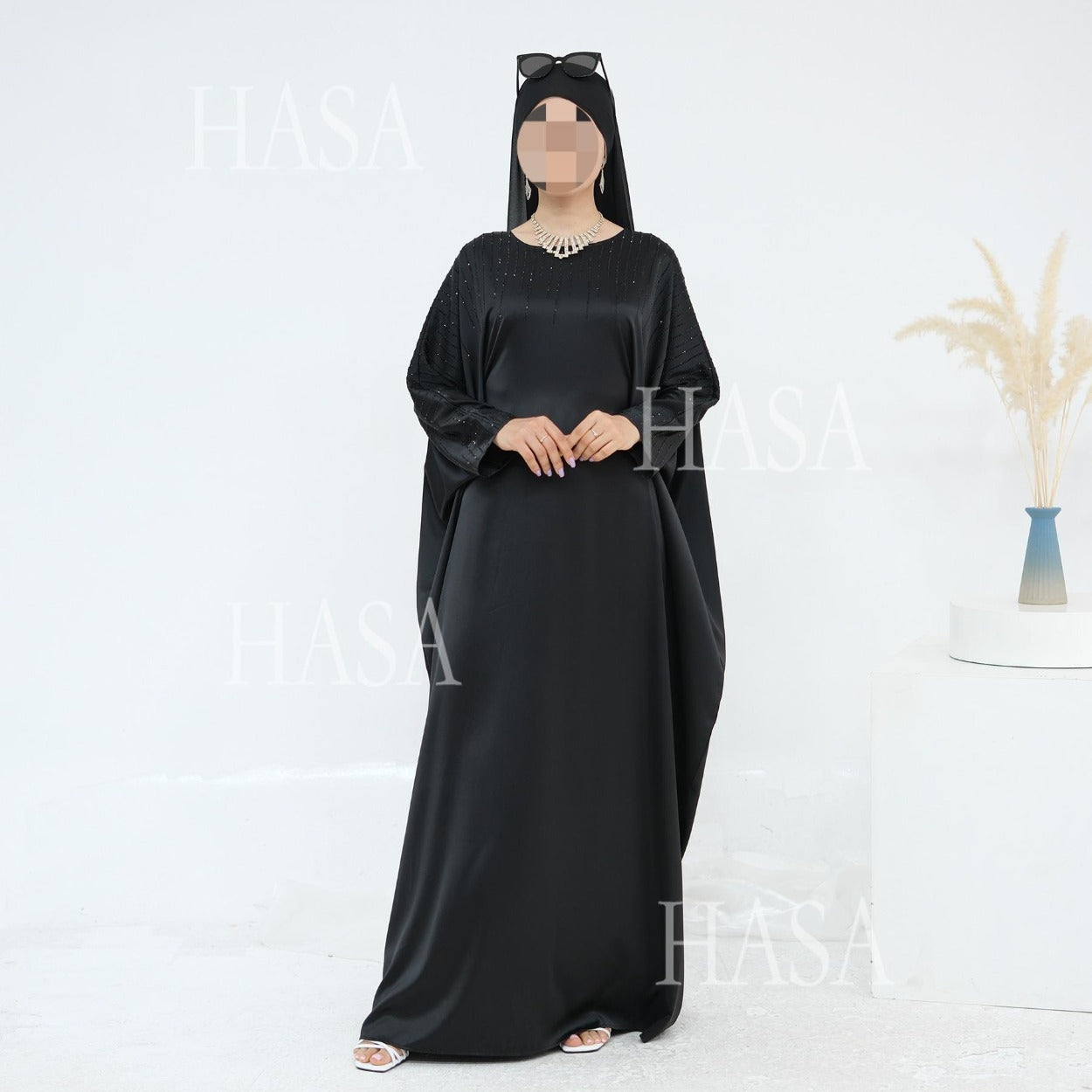 HS6610 Rhinestone-embellished long Abaya dress (headscarf not included)
