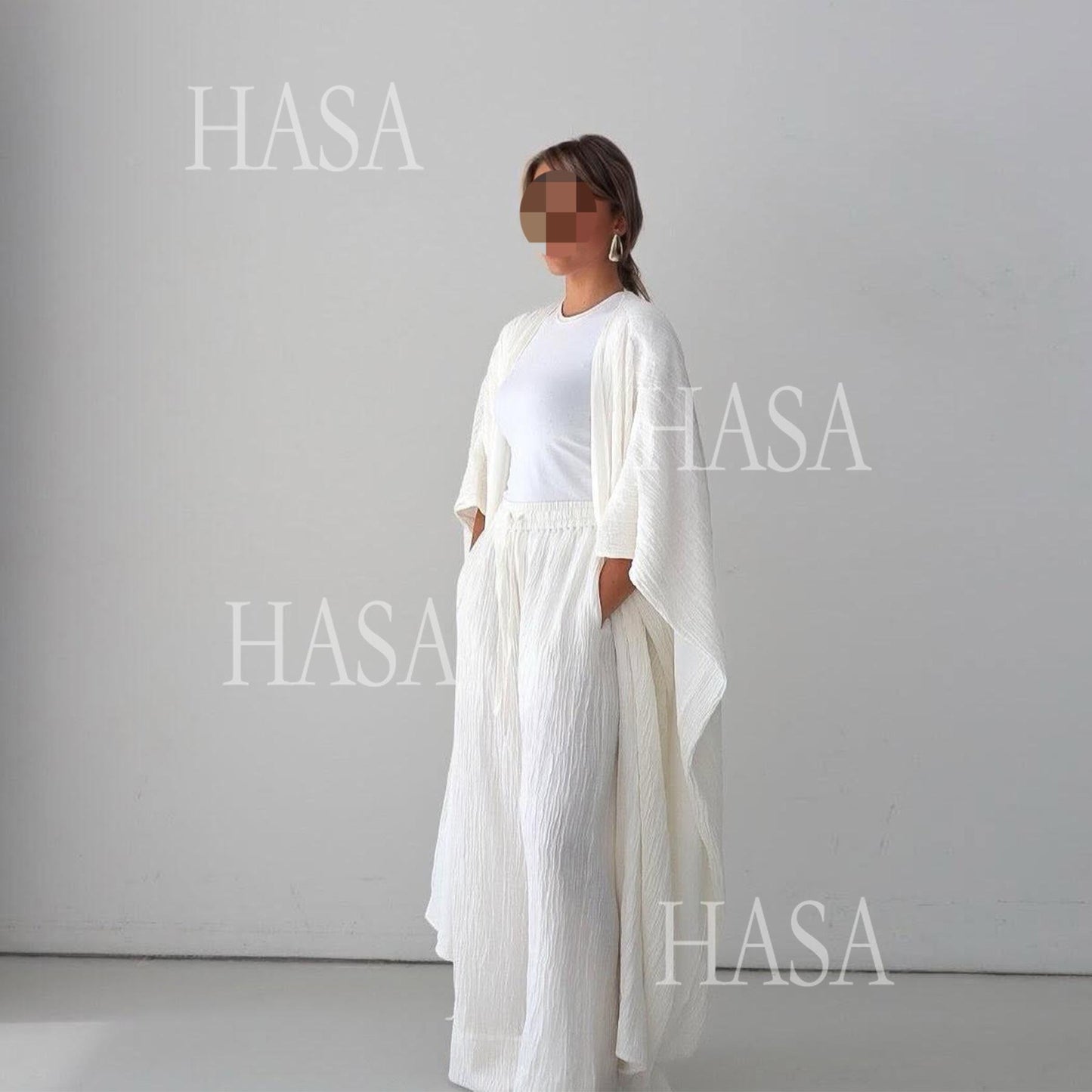 HS6486 Simple Cardigan with Wide-leg Pants, Solid Color Daily Two-piece Suit