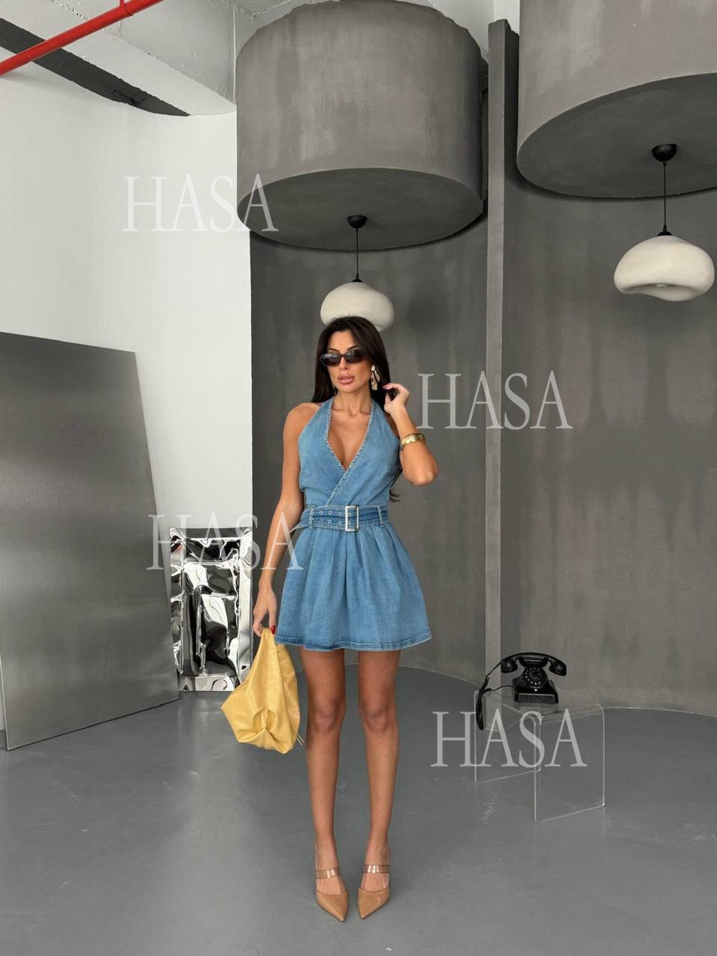 HASA HS6792 Chic Flared Denim Mini Dress with Wide Waist Belt