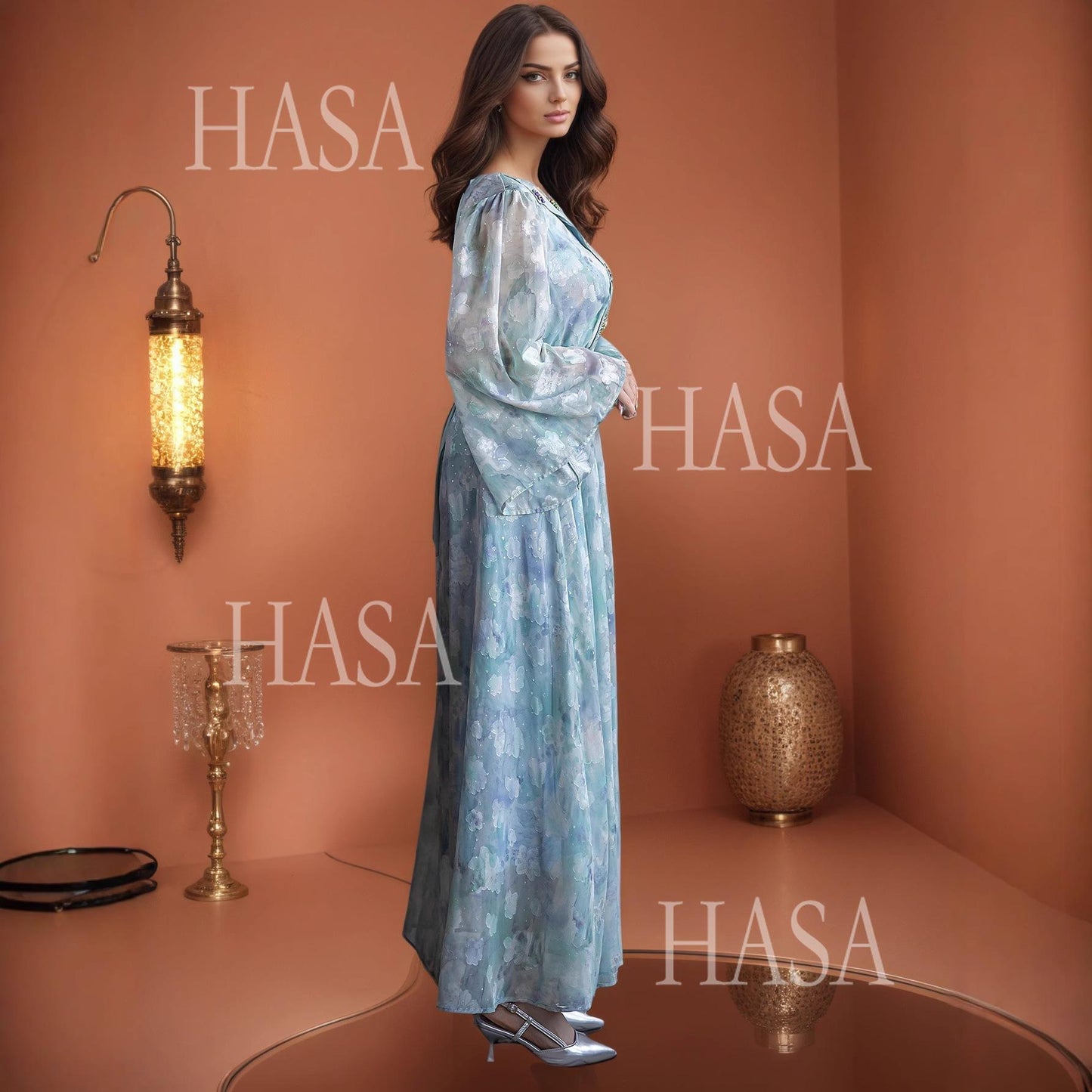 HASA HS6776 Soft Blue Occasion Maxi Dress