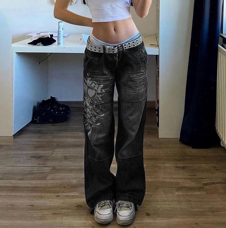 HS6382 Street Style Women's Clothing Irregular Printing Loose Trousers Low Waist Folds Washed for Old Multi-colored Jeans
