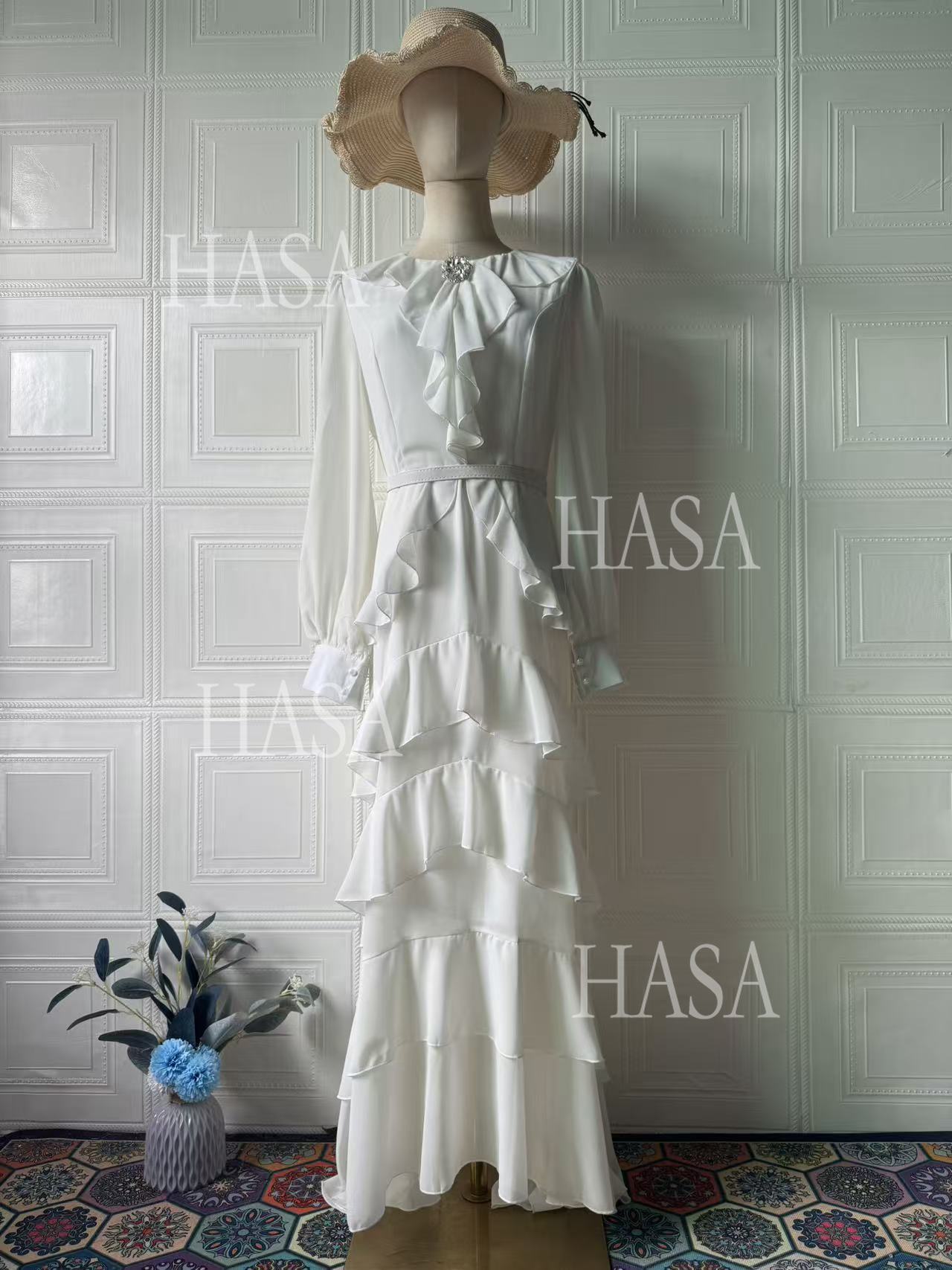 HS6733 Flowy Elegant Maxi Dress with Cascading Ruffles