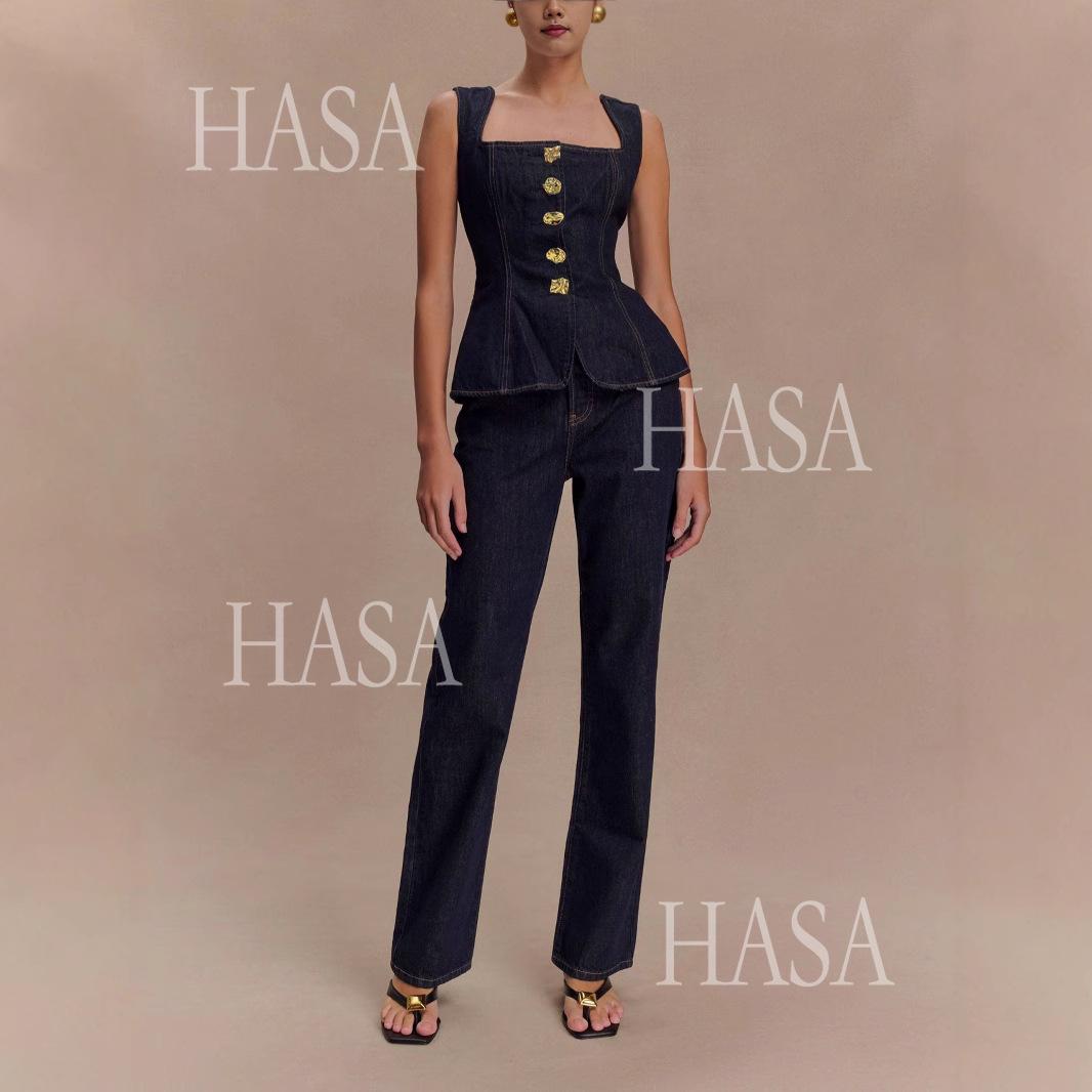 HASA HS6253 Trendy Structured Denim Co Ord Set with Gold Button Detail