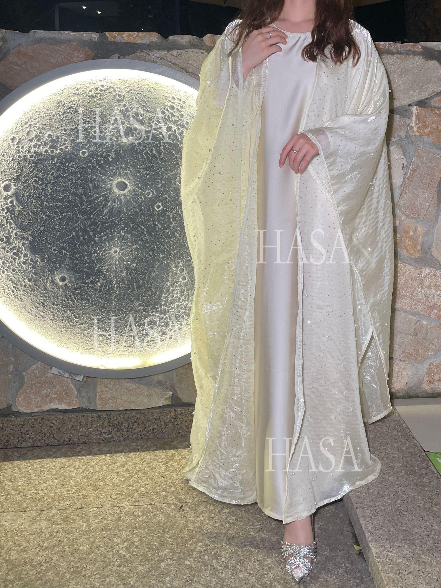 HS6540 Elegant Rhinestone Abaya Two-Piece Set with Outer Cape