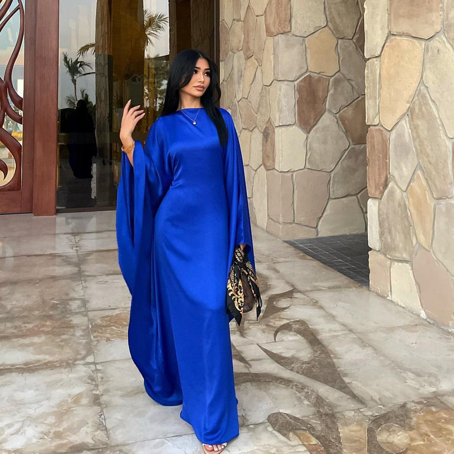 HS1504 Satin Batwing Sleeve Kaftan with Inner Belt