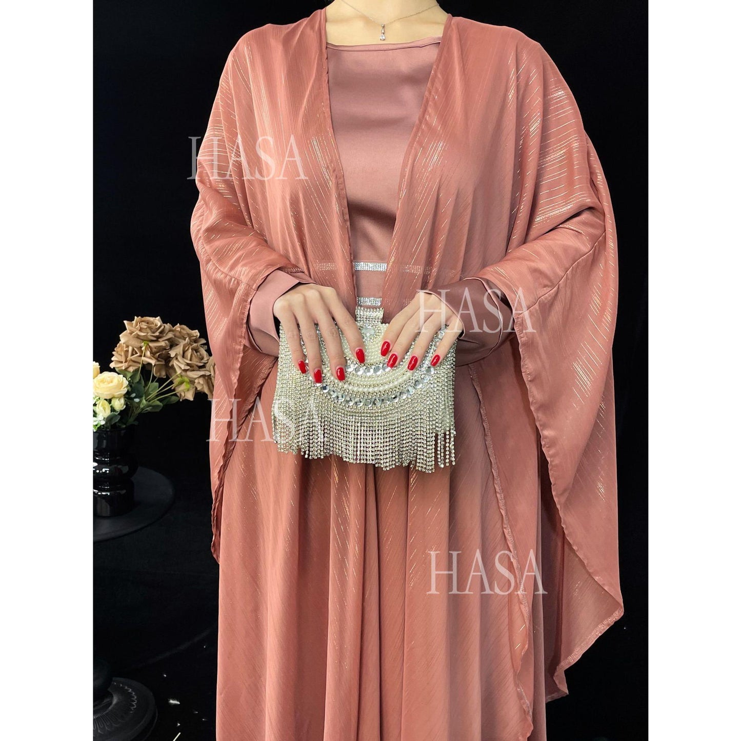 HS6571 Gold embellished long Abaya skirt set