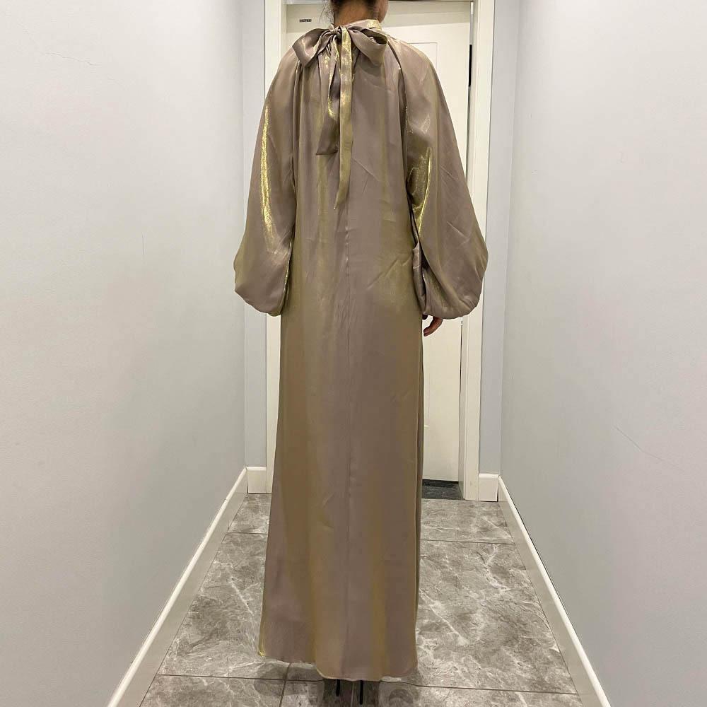 فستان حريري لامع طويل بأكمام واسعة من سلسلة HS10043 HASA، بياقة واقفة وربطة ظهر، فستان نسائي عباية