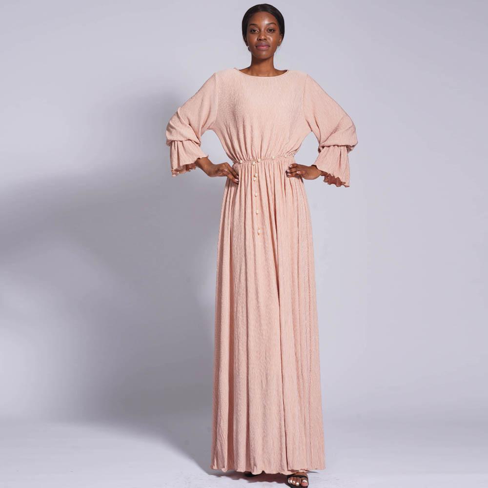 HS0434 Robe longue froissée extensible pour femmes musulmanes, couleur unie, manches cloches