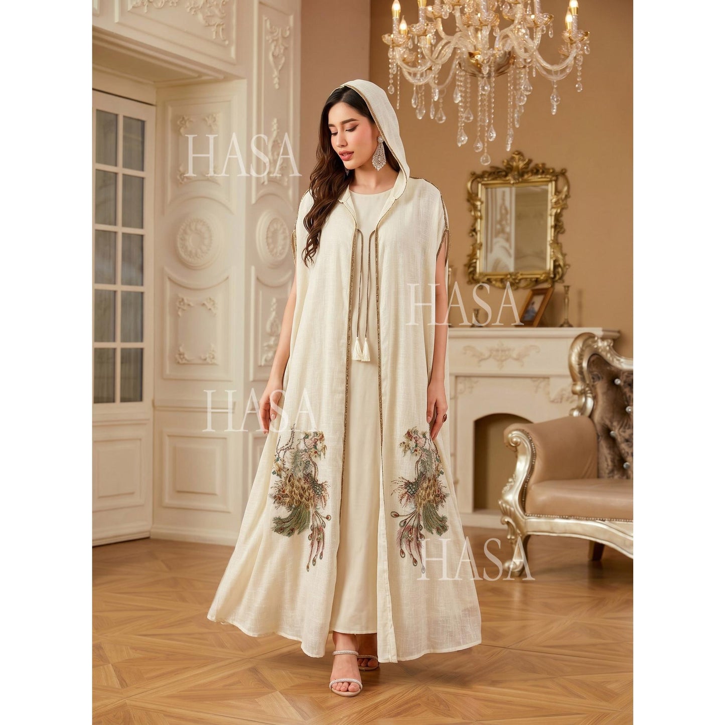 HASA HS6763 Elegant Tassel Hooded Maxi Ensemble