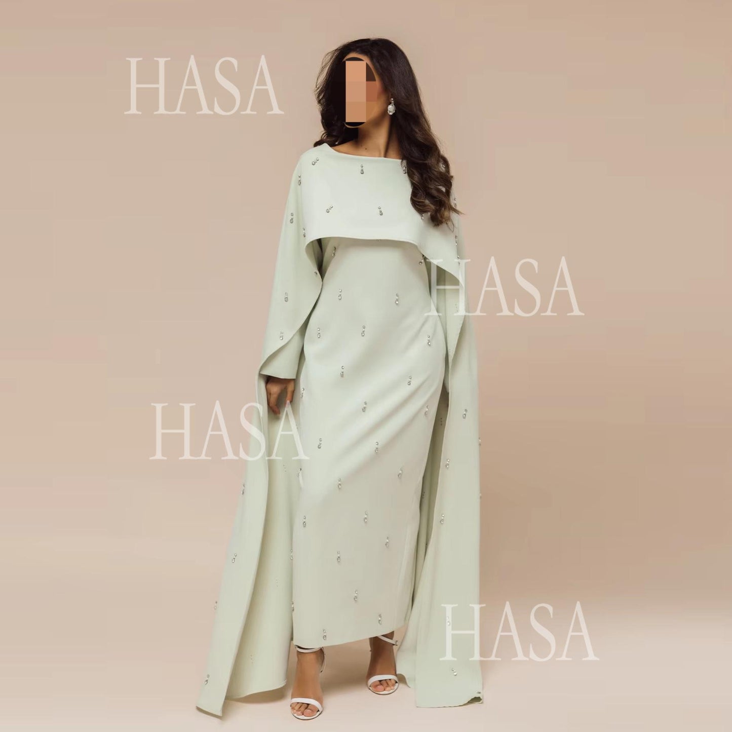 HS6505 Solid color beaded long dress with fake two-piece design