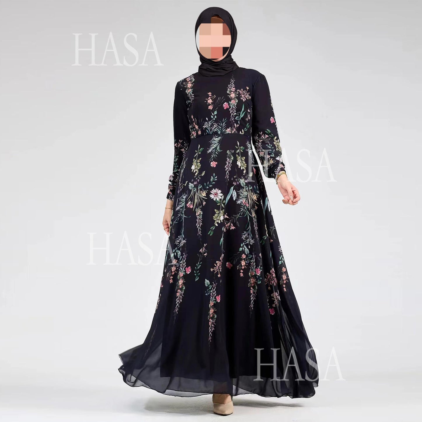 HS6531 Chiffon Printed Ankle-Length Maxi Dress with Long Sleeves
