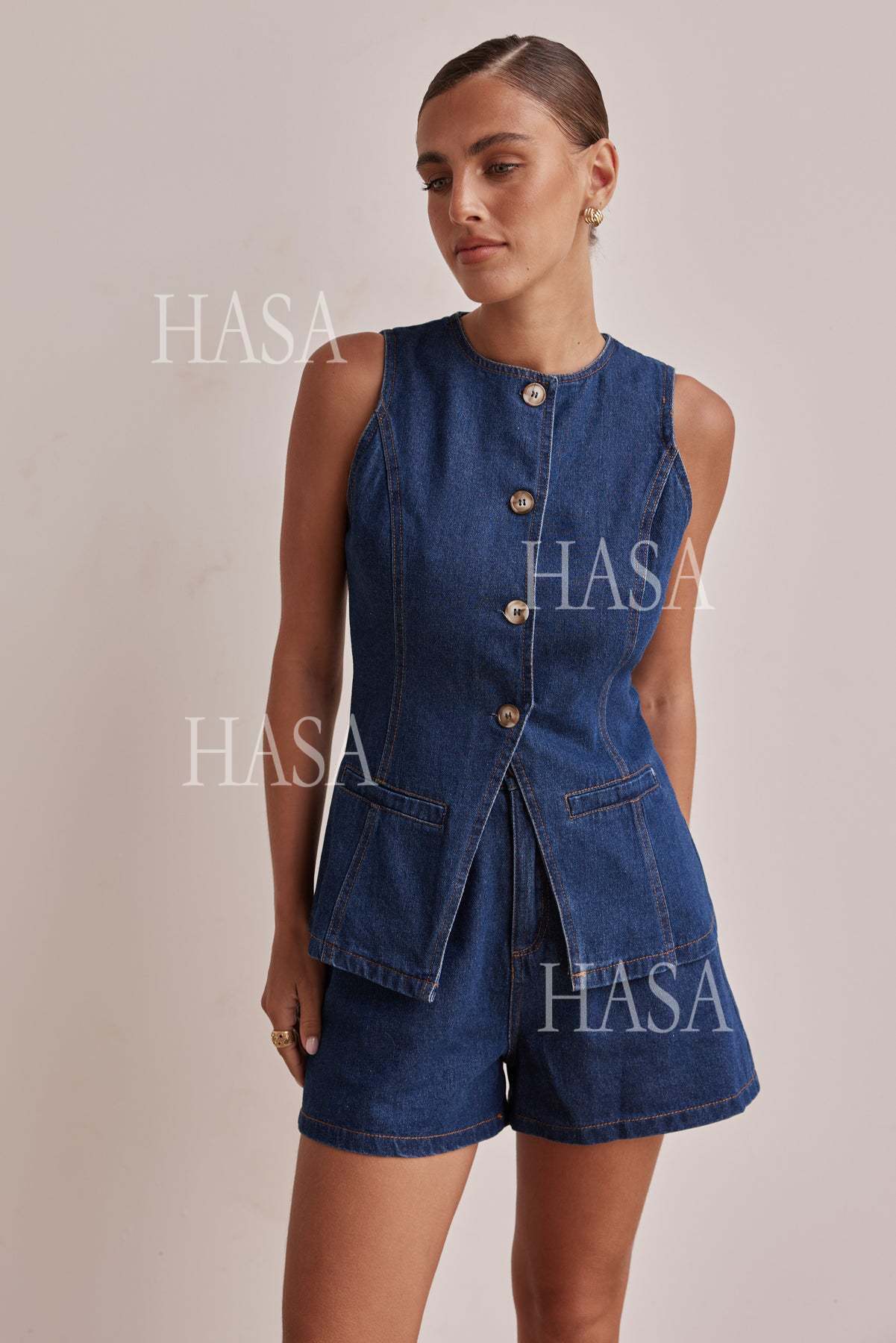HASA HS6097 Women’s Button Front Denim Top with Matching Shorts
