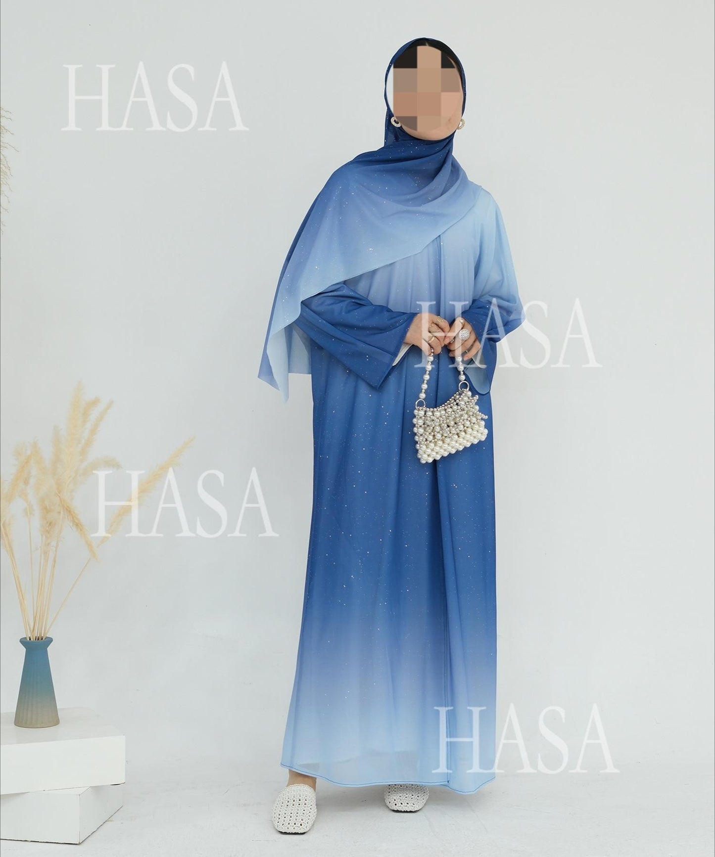 HS6617 Gradient Color Long Cardigan Two-Piece Set (Including Headscarf)