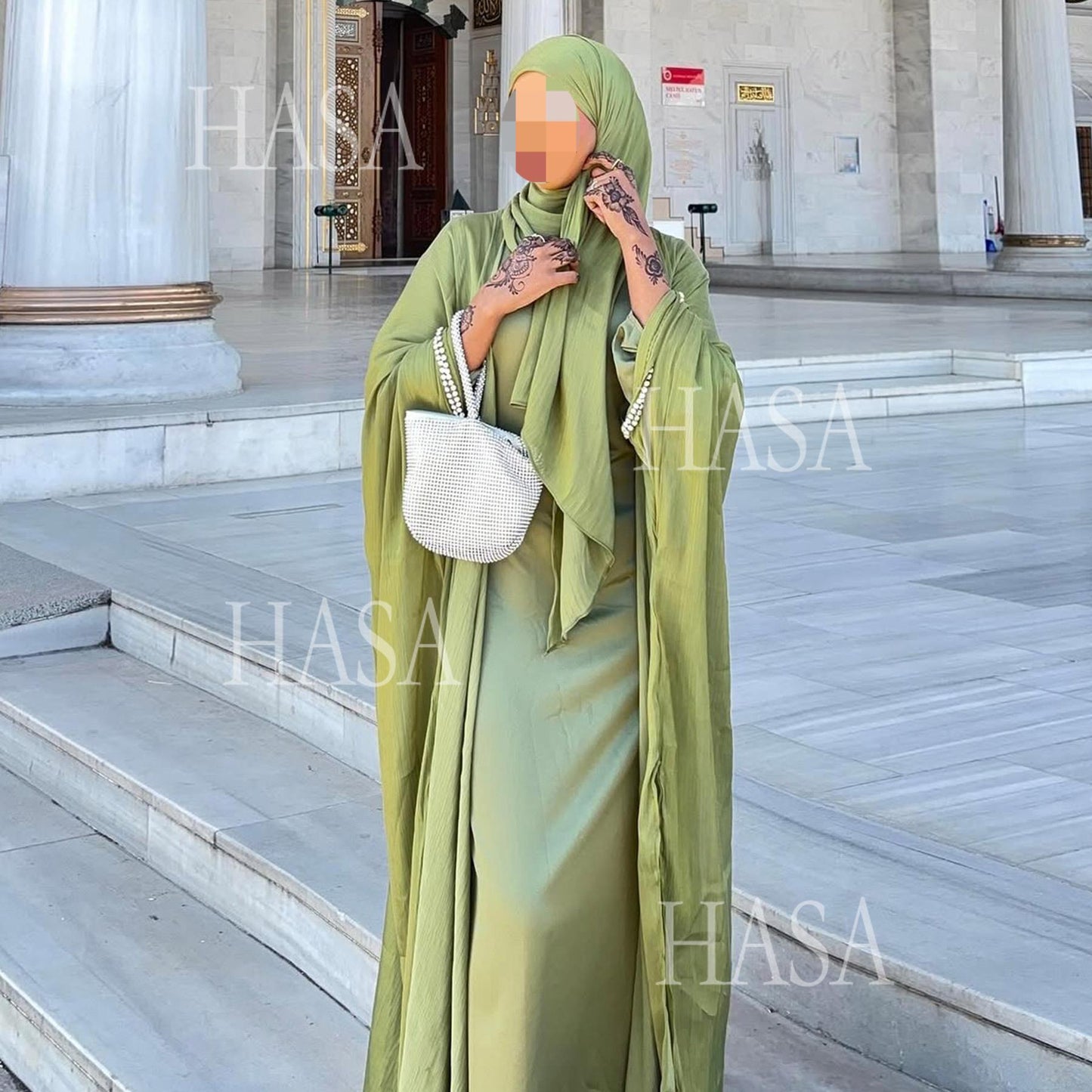 HS6553  Two-Piece Solid Abaya with Beaded Details and Matching Scarf Option