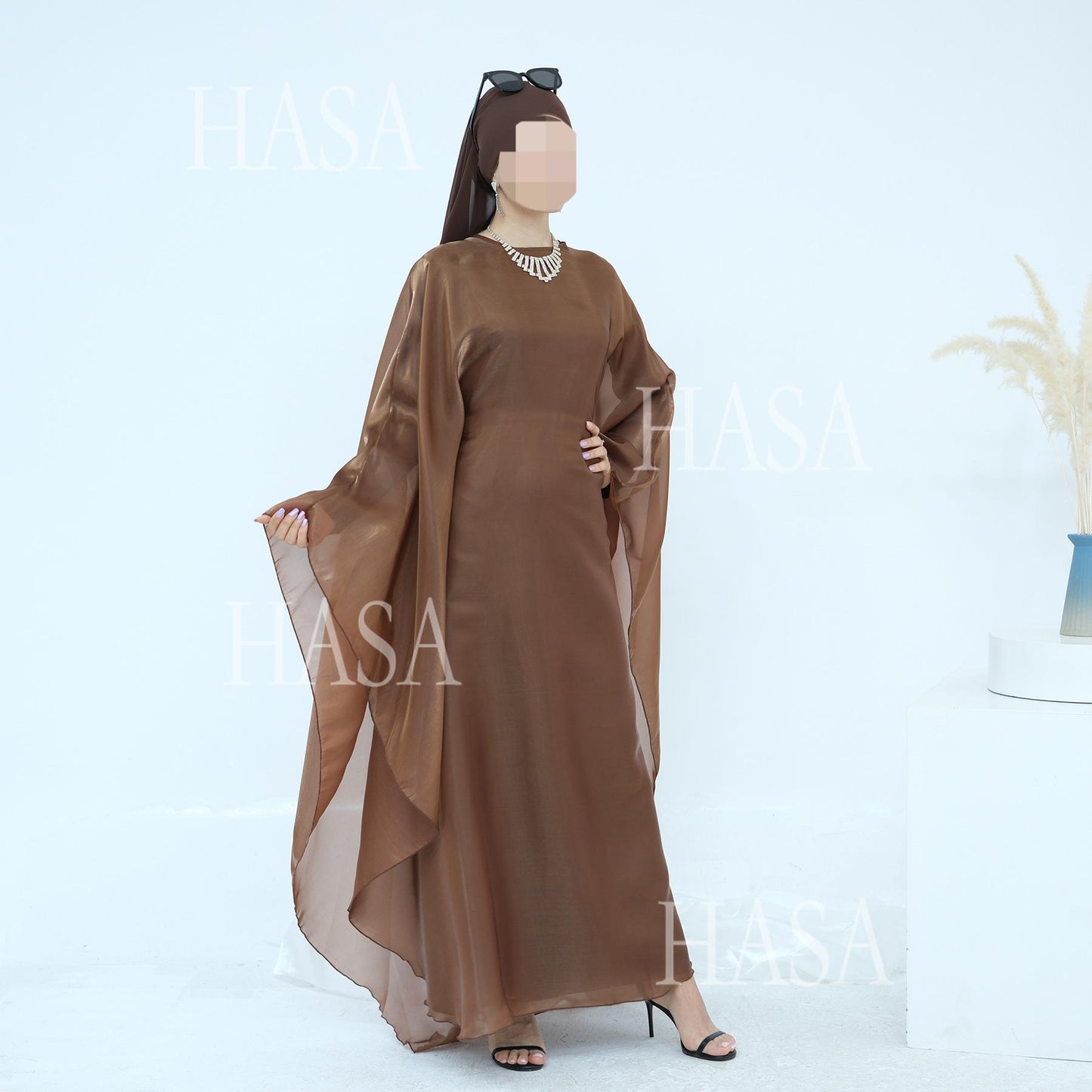 HS6524 Elegant two-piece solid-color robe and dress with optional headscarf