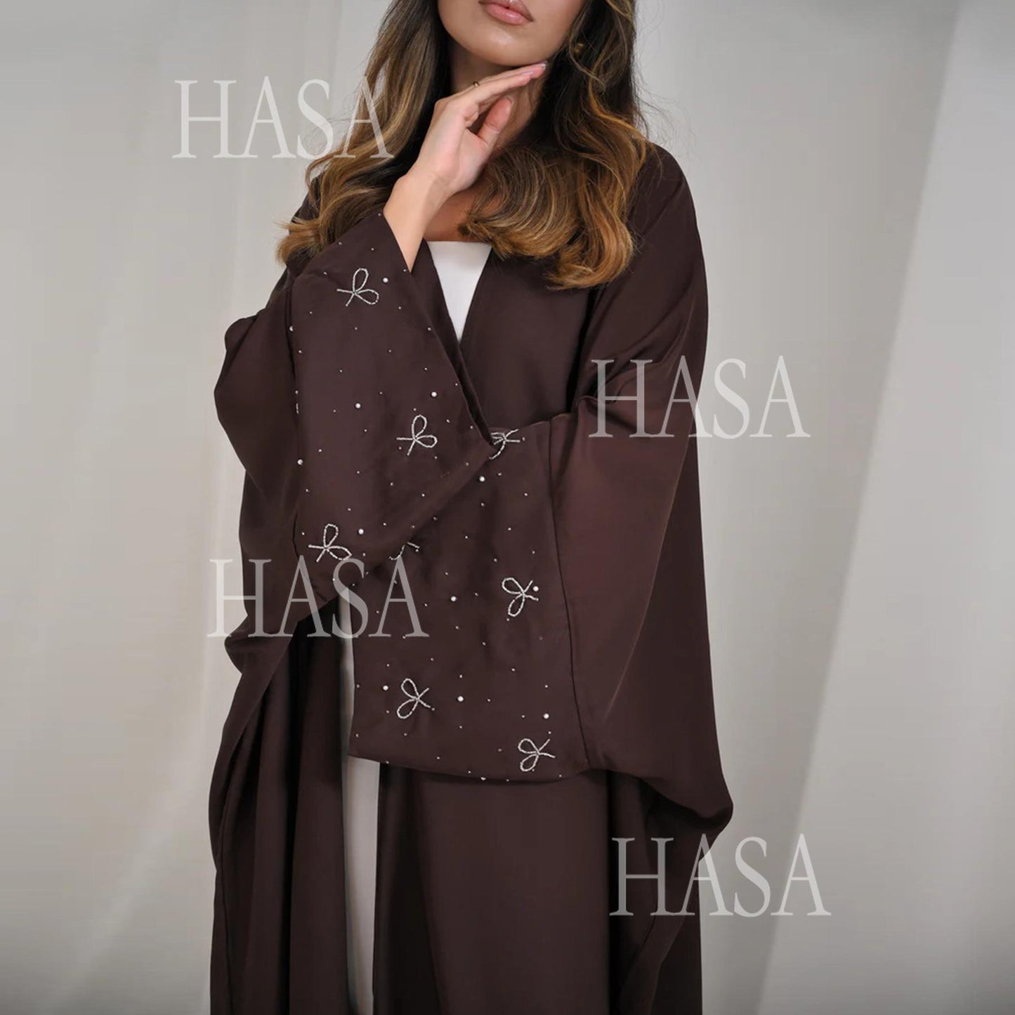 HS6492  Long-sleeved Robe with Bow and Beading