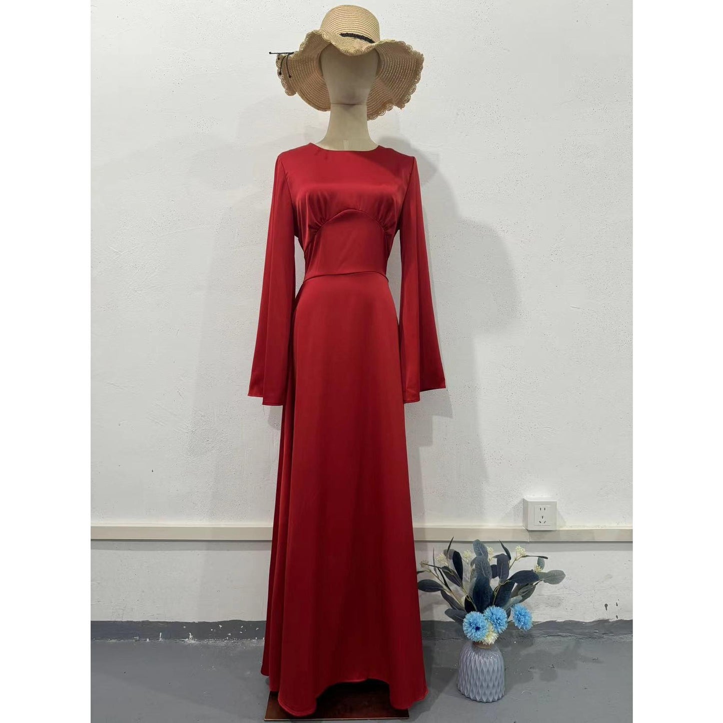 HASA HS6757 Classic Round Neck Flowy Maxi Dress