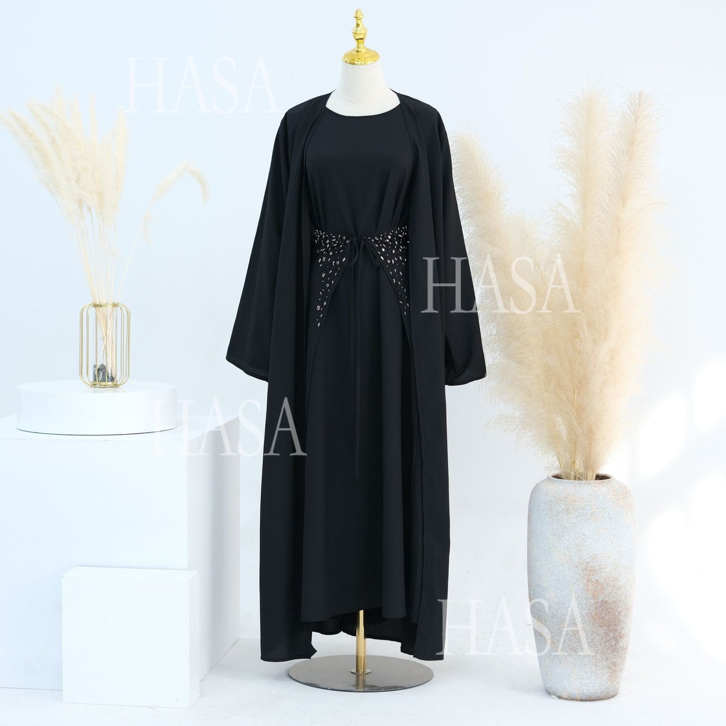 HS6578 Women's Solid Color Three-piece Robe Set (long Skirt + Skirt + Cardigan Jacket)