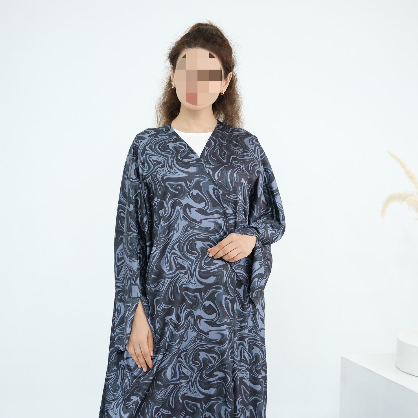 HS6555 Fashionable printed long-sleeved dress with an ankle-length cardigan style