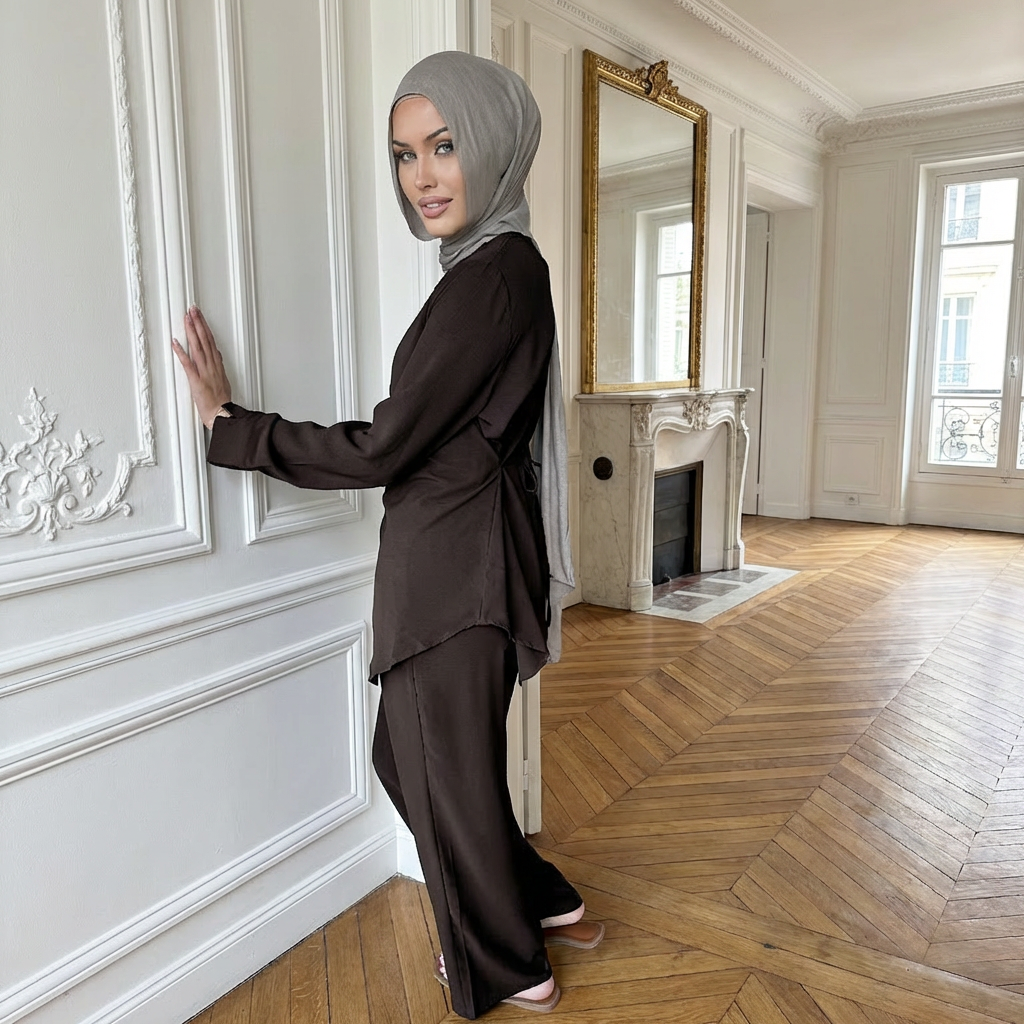 HS6614 Modest Nida Two-Piece Set with Waist Tie & Pocket Trousers