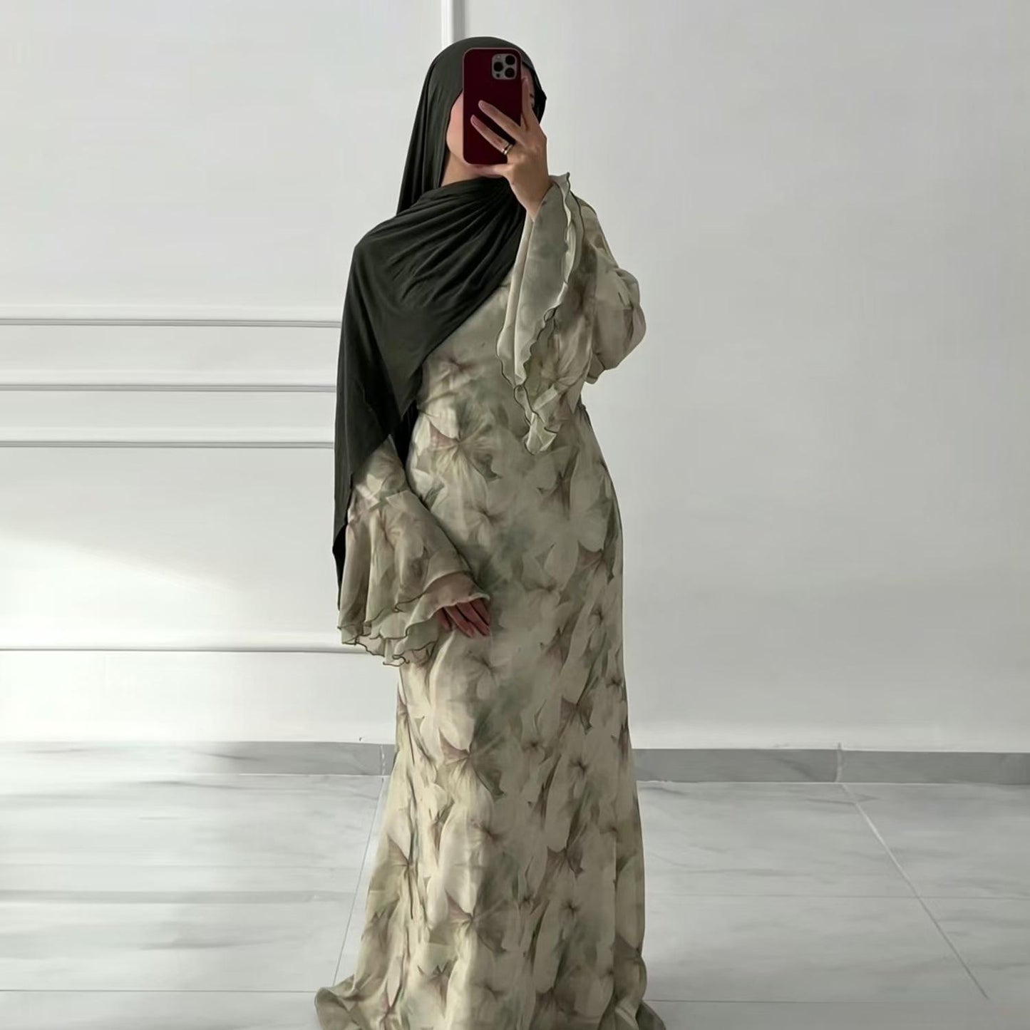 HASA HS6811 Chiffon Floral Maxi Dress Flare Ruffle Sleeve Elegant Long Dress for Women Daily Party Wear