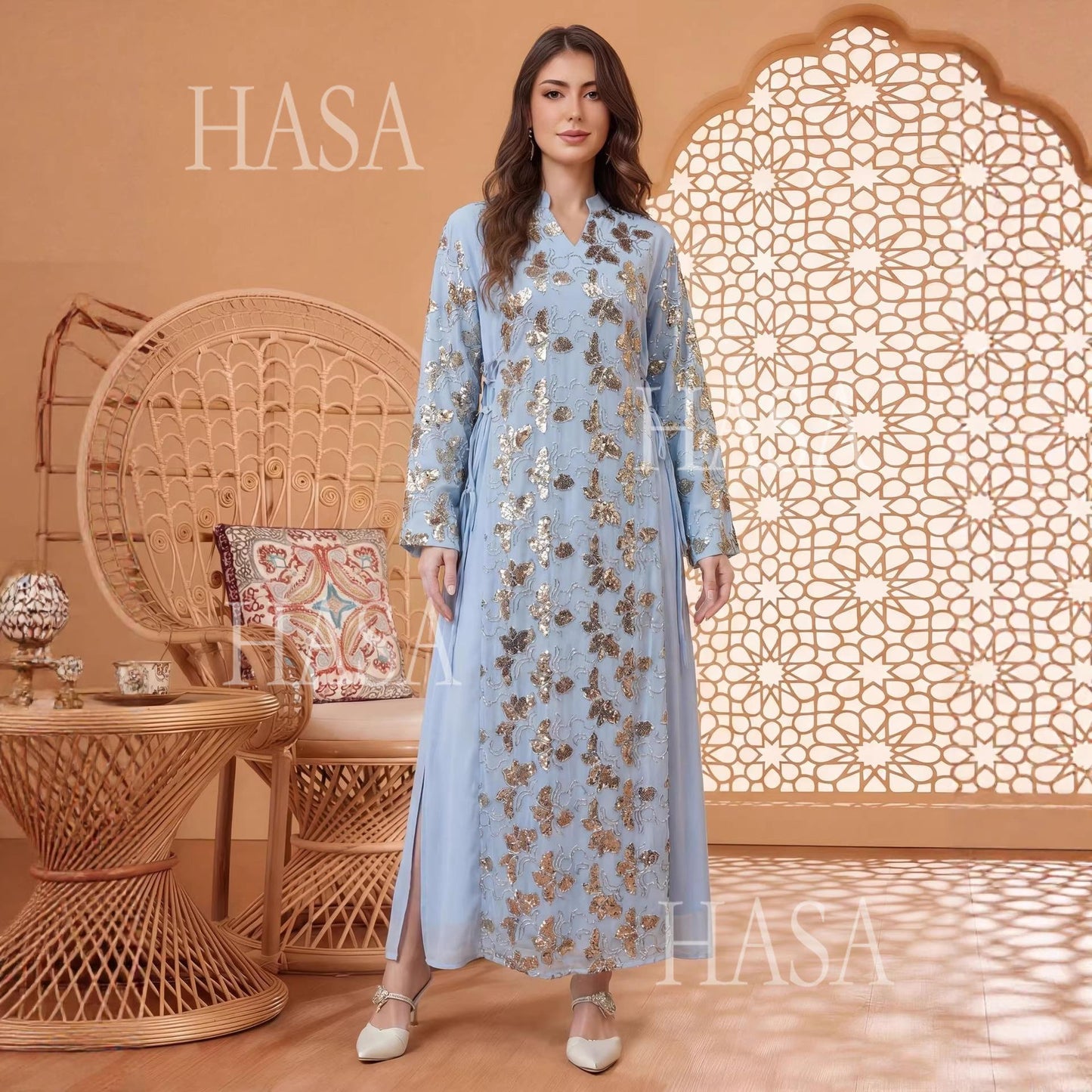 HASA HS6762 Elegant Waist Tie Occasion Abaya