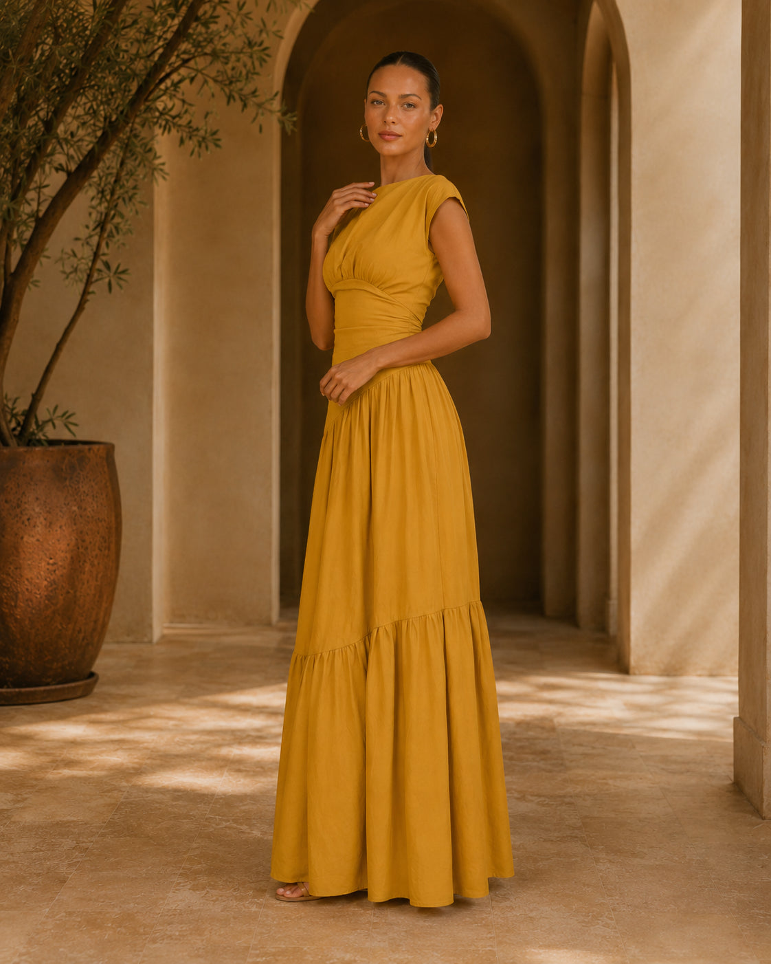 HS1641 Women's Sleeveless Pleated Loose Fit Maxi Dress