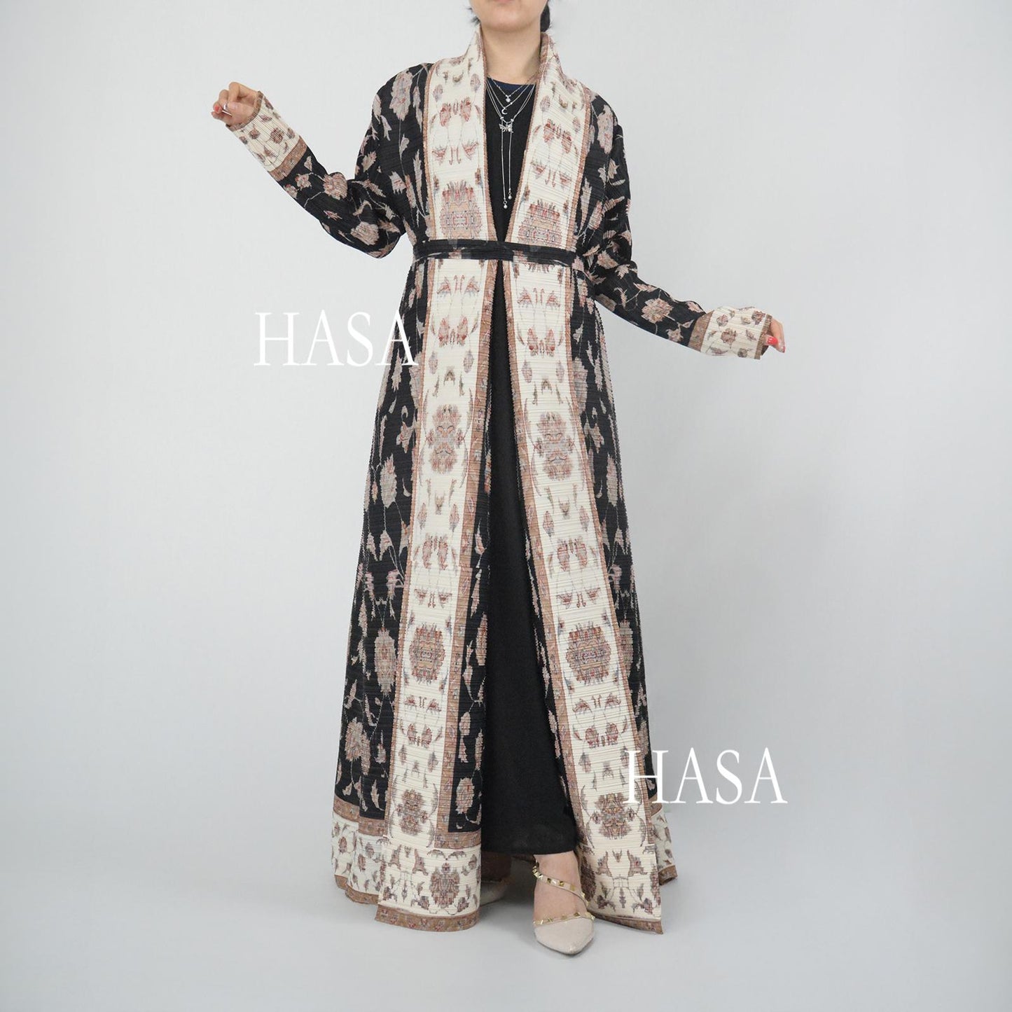 HS5846 Color-blocked Placket Printed Open-front Long Coat
