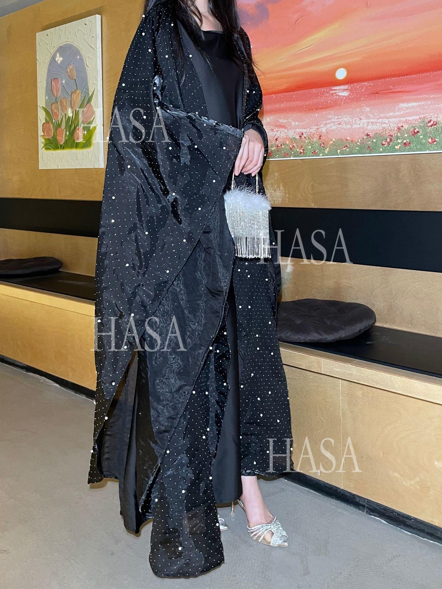 HS6540 Elegant Rhinestone Abaya Two-Piece Set with Outer Cape
