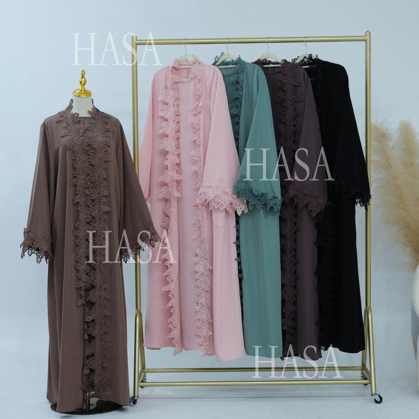HASA HS6780 Chic Floral Embroidered Open Abaya Two Piece Outfit