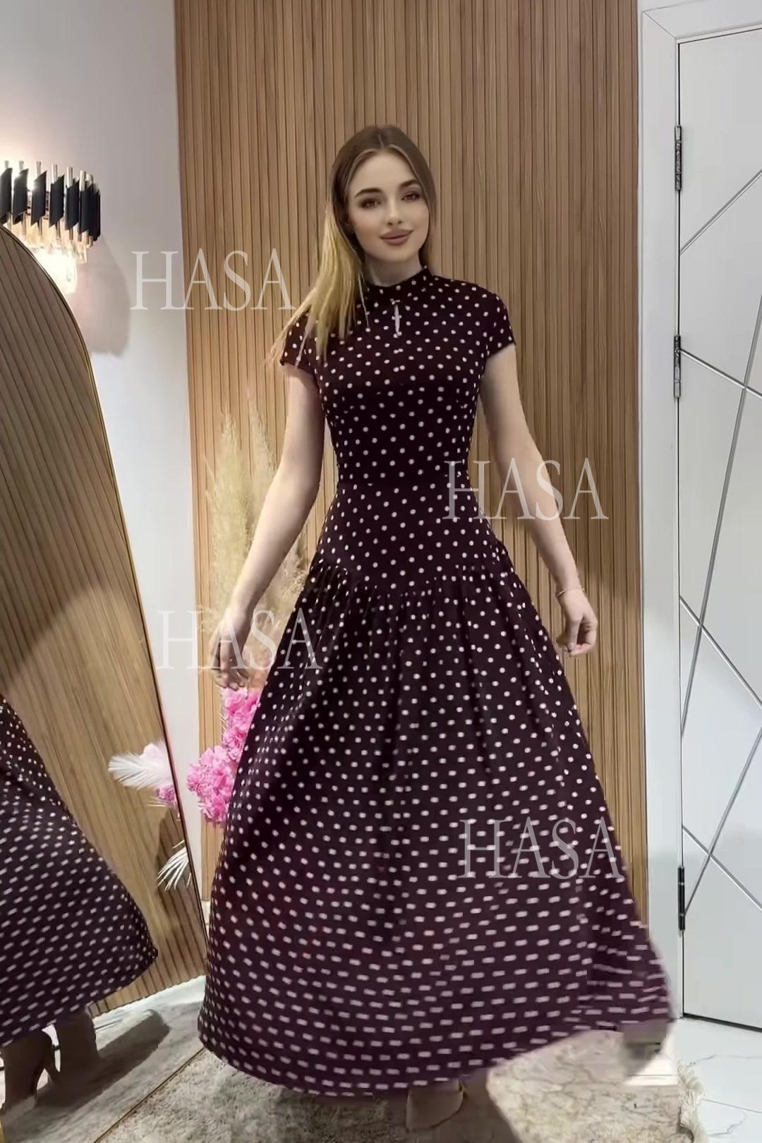 HS6740 Chic Polka Dot Long Dress High Neck Short Sleeve Waisted Maxi Dress