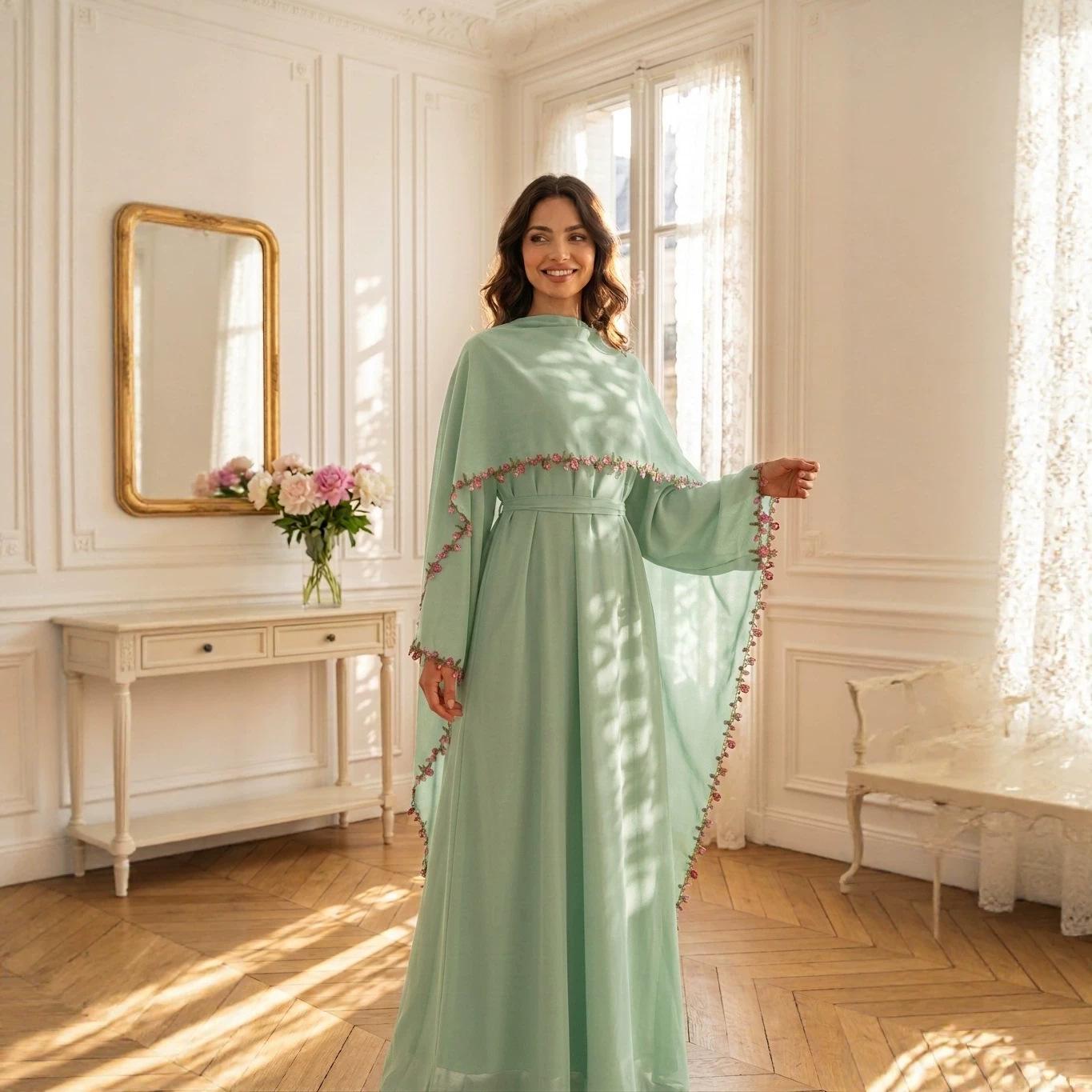 HASA HS6814 Loriya Pink Lace Stitching Two-piece Dress + Headscarf