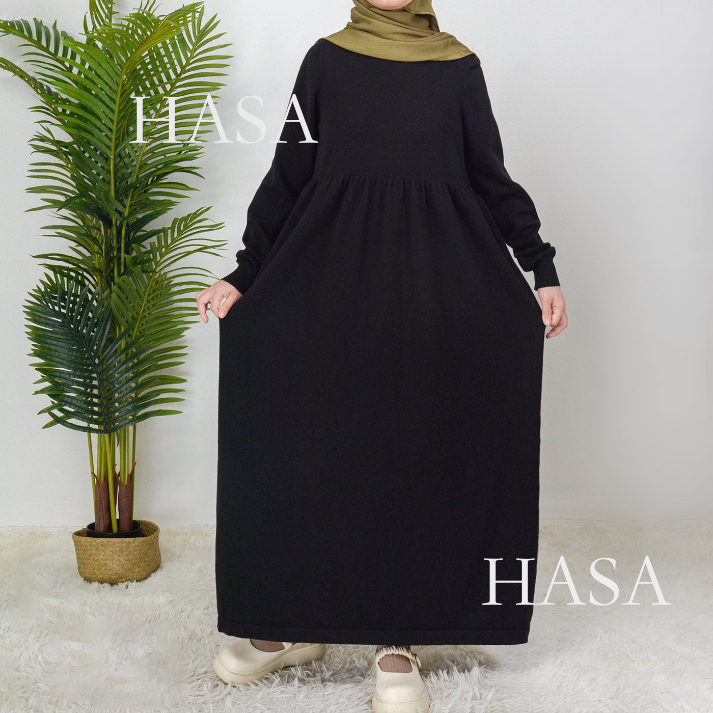 HS0116 Muslim Solid colours knitted long abaya dress in Loose fitting waist