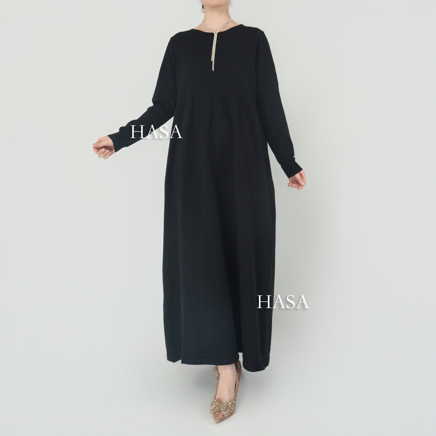 HS0116 Solid colour knitted long dress in Loose fitting waist