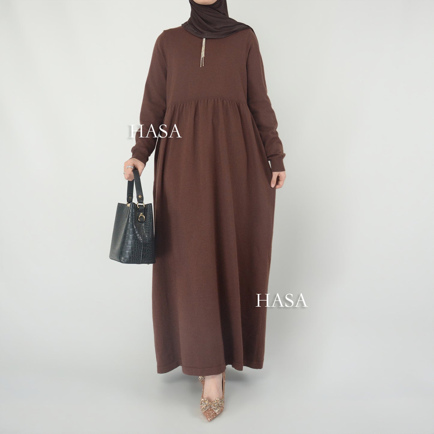 HS0116 Solid colour knitted long dress in Loose fitting waist