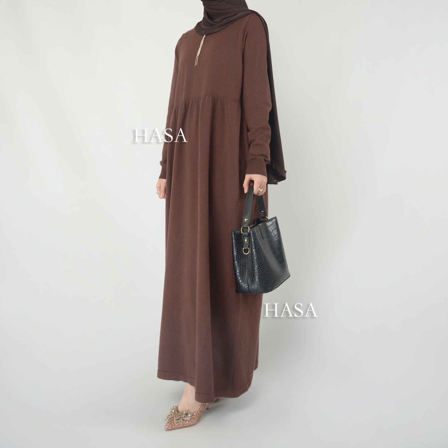 HS0116 Solid colour knitted long dress in Loose fitting waist