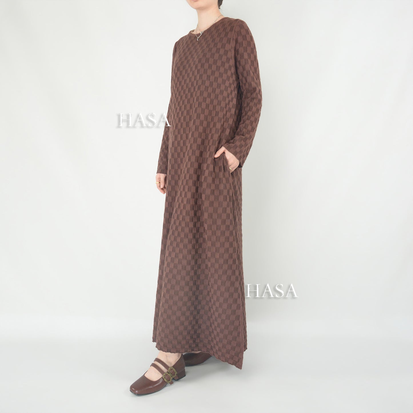 HS0128 Casual Fashion Checkered Knit Long Maxi Dress