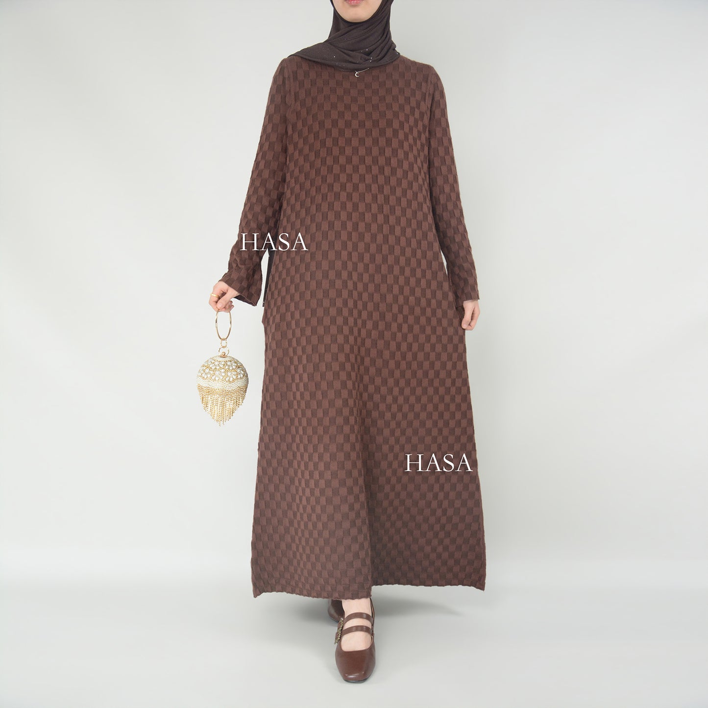 HS0128 Casual Fashion Checkered Knit Long Maxi Dress