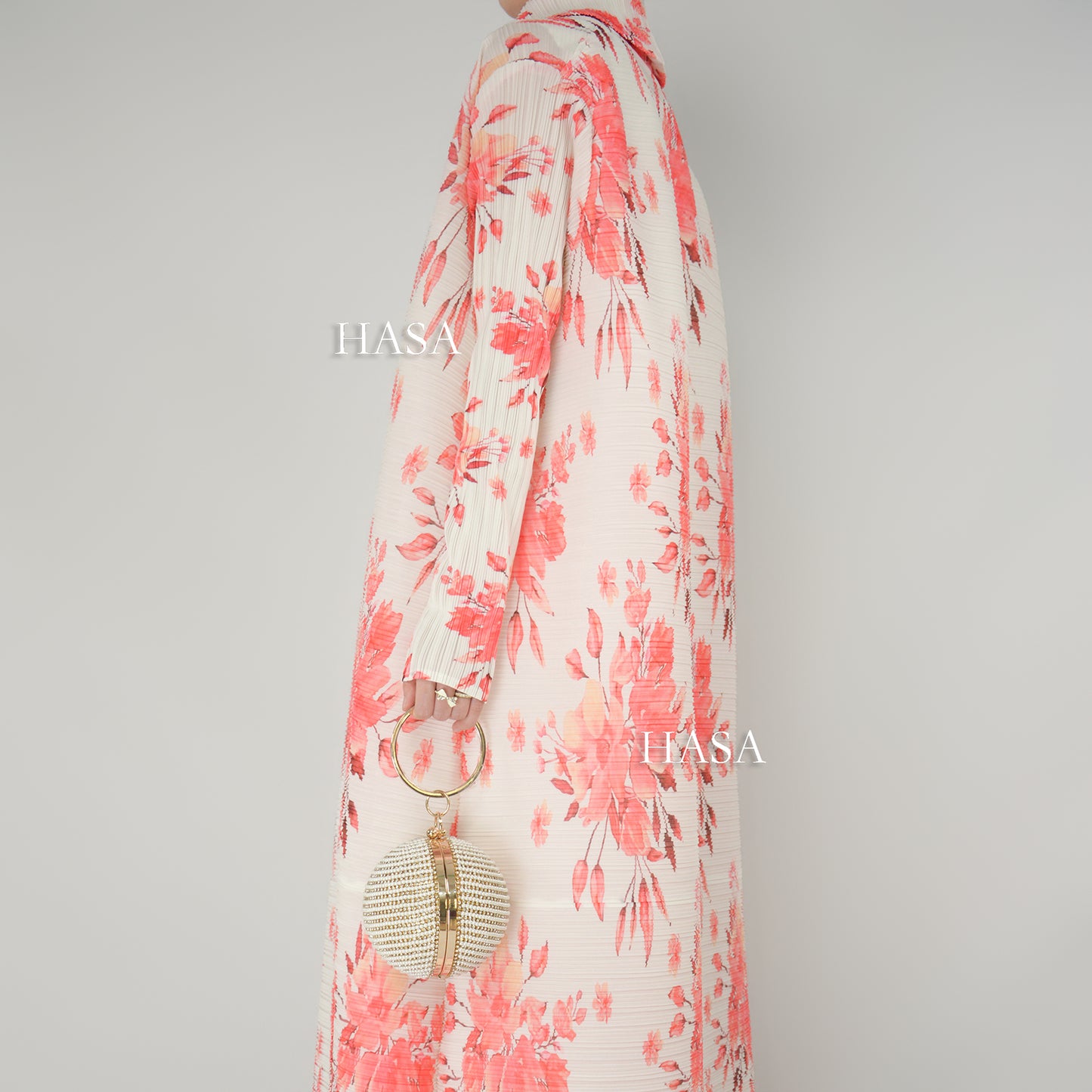 HS6701 Spring Blooms Burgundy Printed Pleated Abaya Cardigan