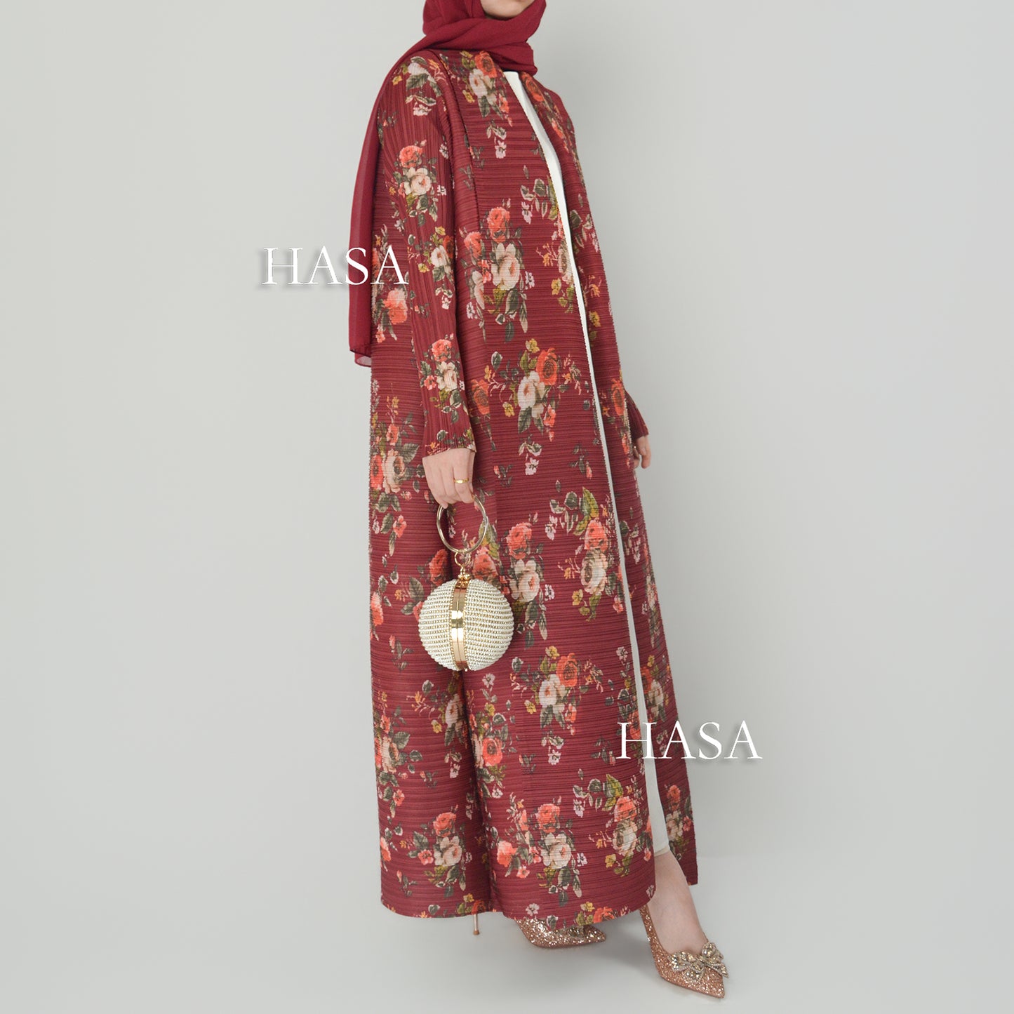 HS6701 Spring Blooms Burgundy Printed Pleated Abaya Cardigan