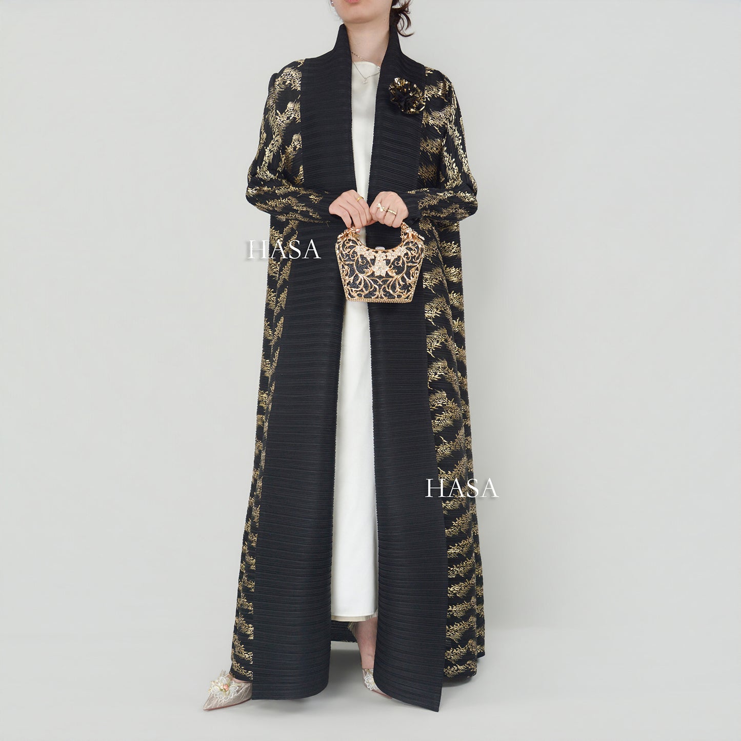 HS5838 Gold-stamped Pleated Long Cardigan with Belt