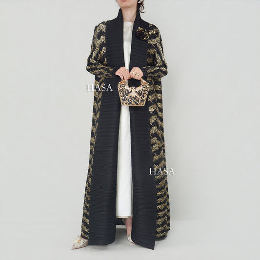 HS5838 Gold-stamped Pleated Long Cardigan with Belt