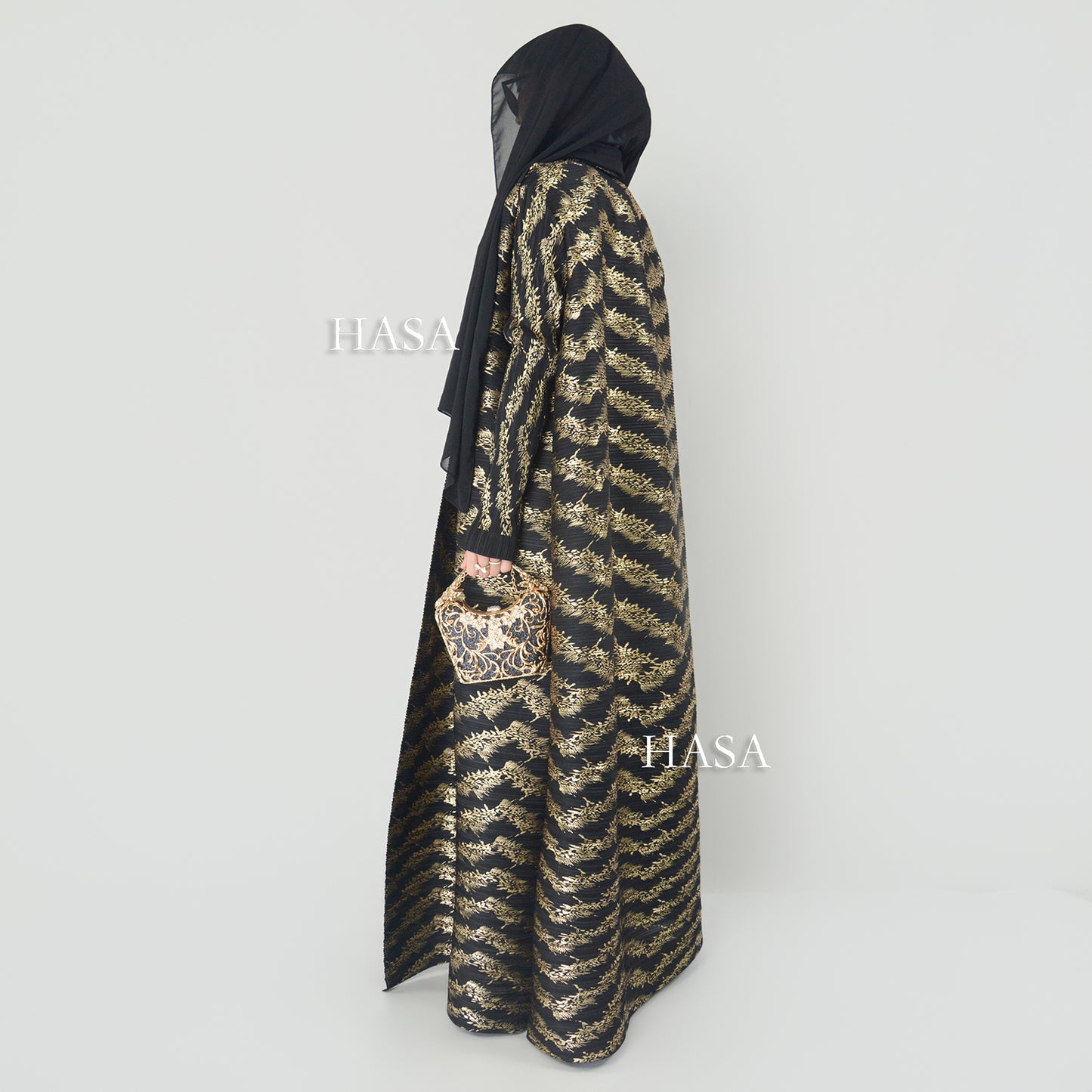 HS5838 Gold-stamped Pleated Long Cardigan with Belt
