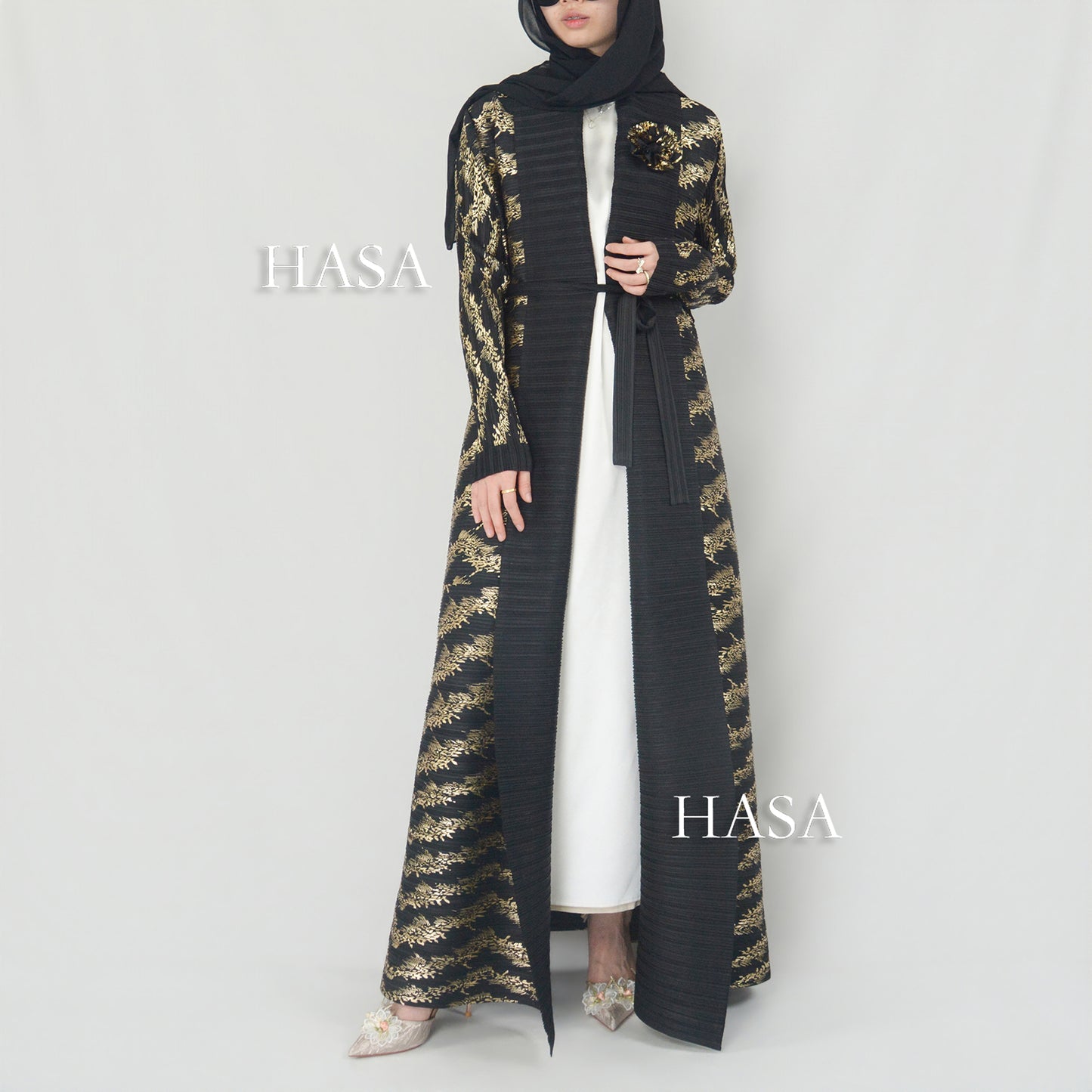 HS5838 Gold-stamped Pleated Long Cardigan with Belt