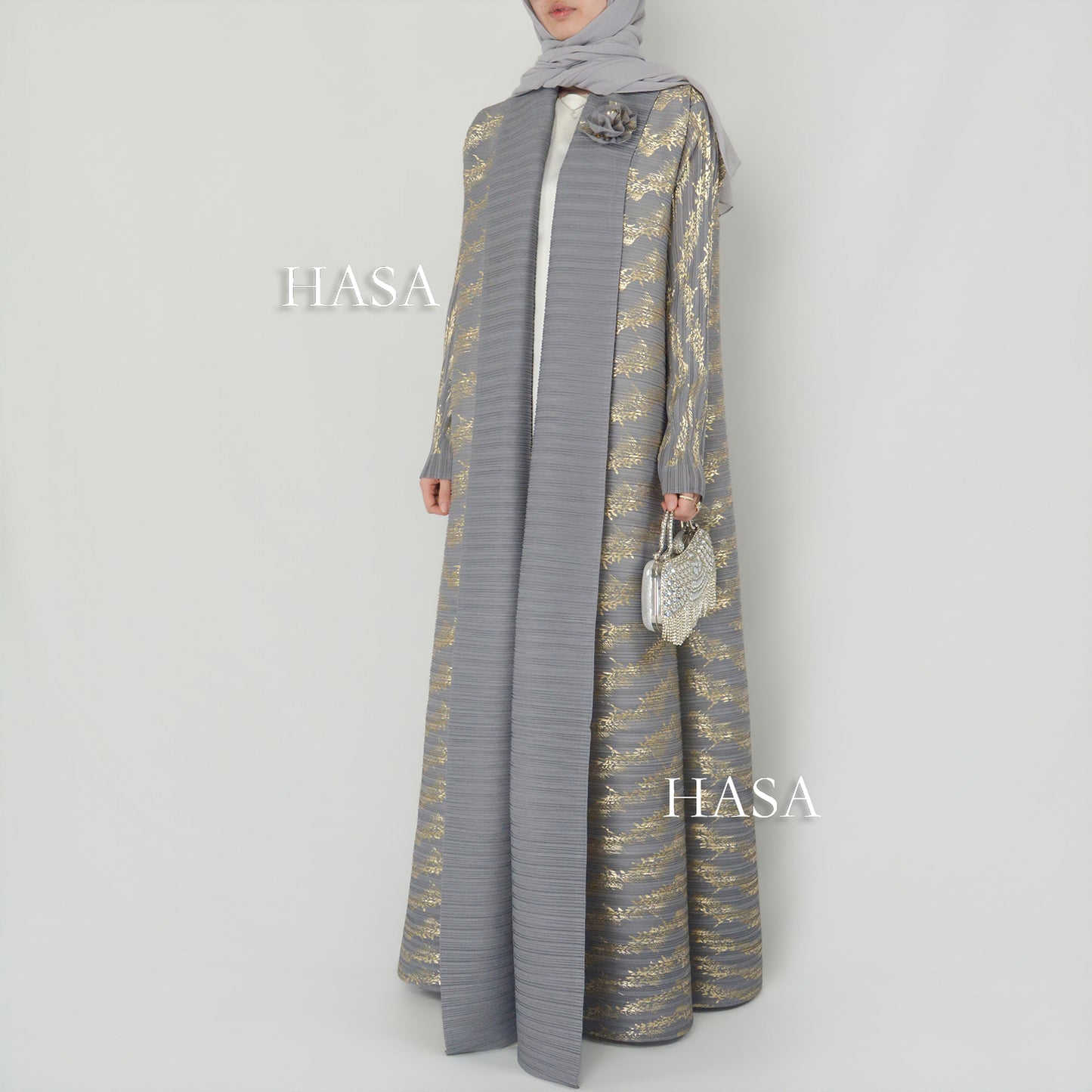 HS5838 Gold-stamped Pleated Long Cardigan with Belt